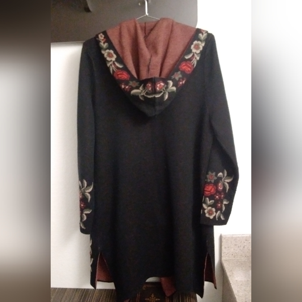 BCBG max sport lack floral duster wool blend large pockets hood open sweater - Picture 5 of 5